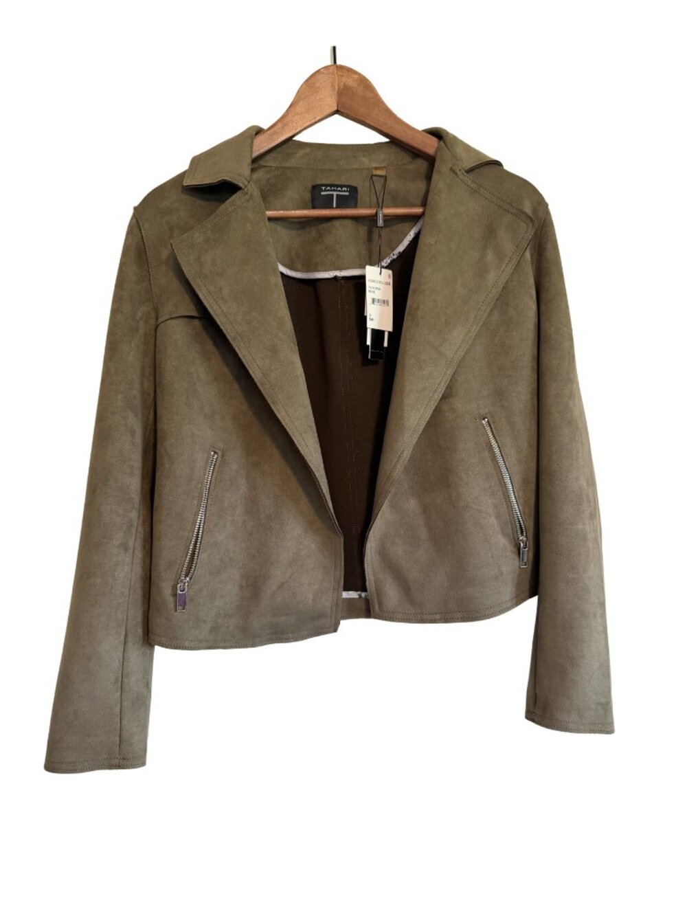 Tahari Faux Suede Moto Jacket Small Olive Green Cropped Biker NWT - Picture 1 of 5